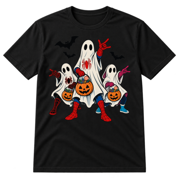 Three sheet ghosts in red-and-blue web-themed superhero costumes carry jack-o'-lantern candy buckets while bats fly overhead.