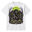 Vintage horror illustration of a snarling central werewolf with two wolves, a full moon, bats, twisted trees, and scattered skulls.