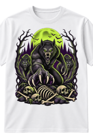 Vintage horror illustration of a snarling central werewolf with two wolves, a full moon, bats, twisted trees, and scattered skulls.
