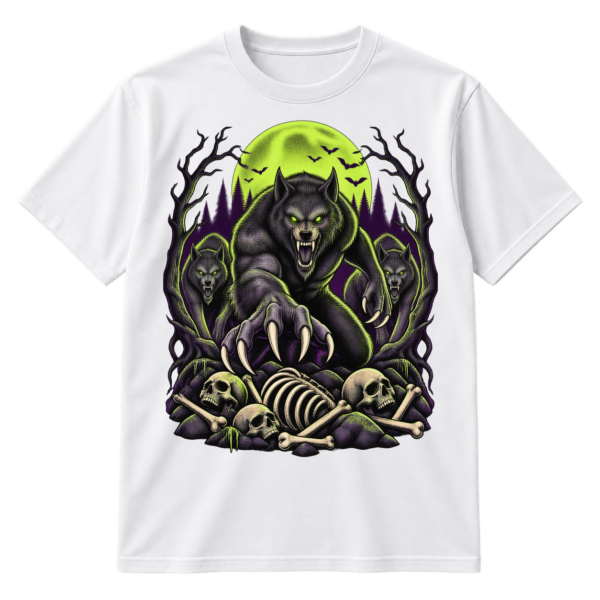 Vintage horror illustration of a snarling central werewolf with two wolves, a full moon, bats, twisted trees, and scattered skulls.