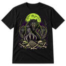 Vintage horror illustration of a snarling central werewolf with two wolves, a full moon, bats, twisted trees, and scattered skulls.