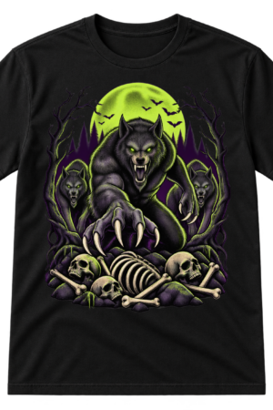 Vintage horror illustration of a snarling central werewolf with two wolves, a full moon, bats, twisted trees, and scattered skulls.