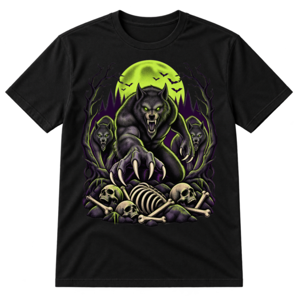 Vintage horror illustration of a snarling central werewolf with two wolves, a full moon, bats, twisted trees, and scattered skulls.
