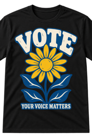 Bold VOTE text above a stylized flower and leaves with the caption YOUR VOICE MATTERS.